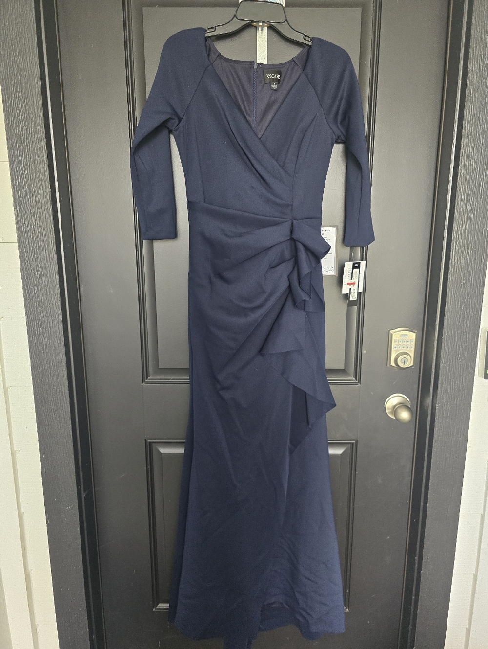 XSCAPE Navy Long Sleeve Wrap Mermaid Evening Dress Size 4 Formal $249 - Picture 3 of 13